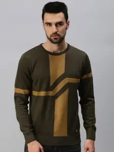 98 Degree North Men Olive Green & Brown Pullover