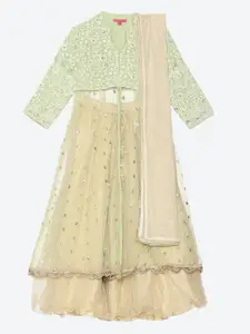Biba Girls Green & Off White Embroidered Ready to Wear Lehenga & Blouse With Dupatta
