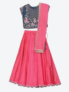 Biba Girls Blue & Pink Embroidered Ready to Wear Lehenga & Blouse With Dupatta