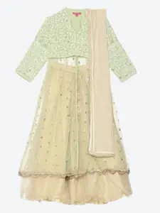 Biba Girls Green & Gold-Toned Embroidered Ready to Wear Lehenga & Blouse With Dupatta