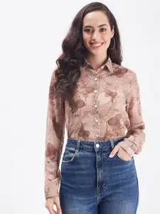 PURYS Women Beige Smart Printed Casual Shirt