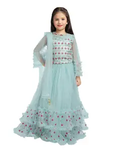 BETTY Girls Blue & Pink Embroidered Ready to Wear Lehenga & Blouse With Dupatta