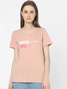Vero Moda Women Pink Typography Printed Drop-Shoulder Sleeves T-shirt