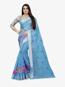 Indian Fashionista Turquoise Blue & Pink Floral Embroidered Silk Cotton Uppada Saree