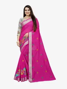 Indian Fashionista Pink & Green Floral Embroidered Silk Cotton Uppada Saree