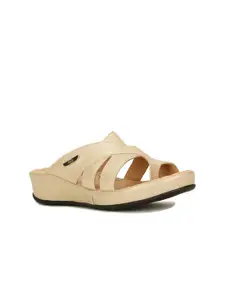 Scholl Beige Leather Wedge Peep Toes with Laser Cuts