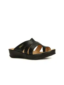 Scholl Black Leather Wedge Sandals with Laser Cuts