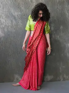 Chidiyaa Red & White Striped Pure Silk Saree