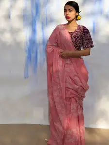 Chidiyaa Pink & White Floral Pure Cotton Saree