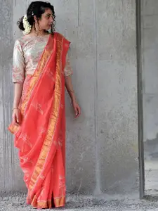 Chidiyaa Pink & White Zari Pure Linen Saree