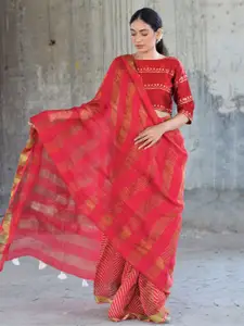 Chidiyaa Red & Gold-Toned Striped Zari Pure Linen Saree