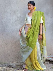 Chidiyaa Yellow & Grey Colourblocked Zari Pure Linen Saree