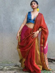 Chidiyaa Red & Cream-Coloured Zari Pure Linen Saree