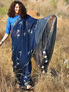 Chidiyaa Blue & White Zari Pure Linen Saree