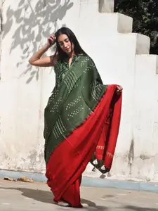 Chidiyaa Green & Red Pure Silk Half and Half Saree