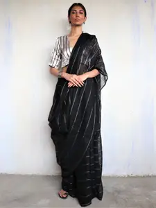 Chidiyaa Black & Grey Striped Pure Linen Saree