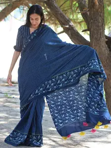 Chidiyaa Blue Striped Pure Cotton Block Print Saree