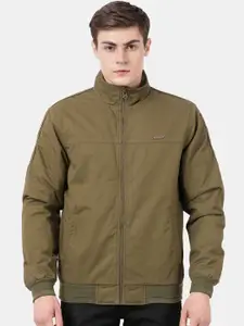 t-base Men Olive Green Geometric Windcheater Bomber Jacket