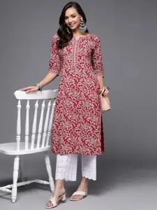 Libas Women Maroon Floral Printed Kurta
