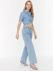 Trendyol Women Blue Wide Leg High-Rise Pleated Detail Pure Cotton Jeans