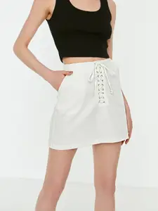 Trendyol  Women Off-White Solid Denim A-Line Tie-Up Detail Skirt