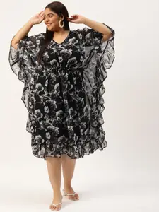 theRebelinme Plus Size Black & White Floral Printed Georgette Kaftan Midi Dress