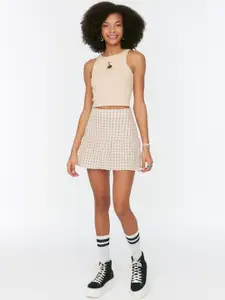 Trendyol Women Beige & White Checked A-Line Mini Skirt