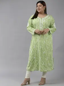 ADA Women Green & White Floral Embroidered Plus Size Chikankari Kurta