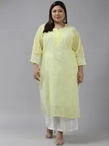 ADA Women Yellow & White Ethnic Motifs Embroidered Plus Size Chikankari Kurta