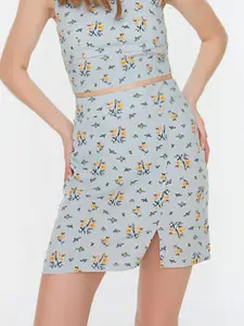 Trendyol Blue & Mustard Yellow Floral Print A-Line Mini Skirt