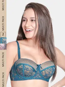 Susie Blue & Grey Pack Of 2 Floral Lace Bra Underwired Lightly Padded