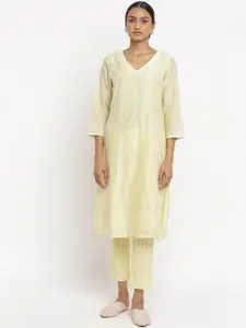 W The Folksong Collection Women Yellow Embroidered Thread Work Asymmetric Kurta