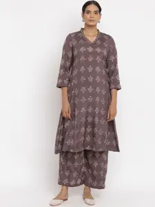 W The Folksong Collection Women Grey Printed Floral Handloom Kurta