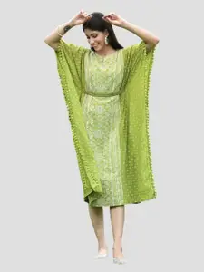Juniper Women Green Bandhani Printed Flared Sleeves Georgette Kaftan Kurta