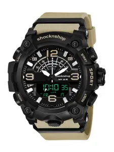 Shocknshop Men Black Dial & Beige Straps Analogue and Digital Multi Function Watch W02KH