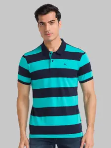 Parx Men Green Striped Polo Collar T-shirt