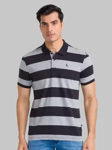 Parx Men Grey Striped Polo Collar Monochrome T-shirt
