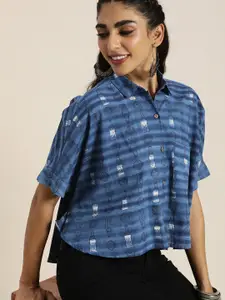 Taavi Women Blue & White Indigo Striped Pure Cotton Shirt Style Crop Top