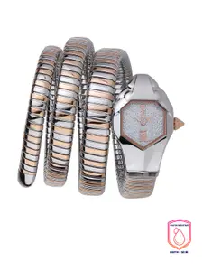 Just Cavalli Women Silver-Toned Embellished Dial & Silver Toned Stainless Steel Wrap Around Straps Analogue Watch