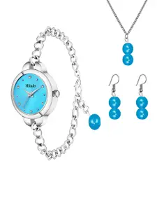 Mikado Women Blue Brass Printed Dial & Silver Toned Stainless Steel Bracelet Style Straps Analogue Watch
