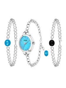 Mikado Women Blue Brass Embellished Dial & Silver Toned Stainless Steel Bracelet Style Straps Analogue Watch
