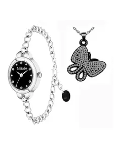 Mikado Women Black Brass Embellished Dial Stainless Steel Bracelet Style Straps Watch