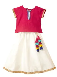 The Magic Wand Girls Red & White Embellished Ready to Wear Lehenga Choli