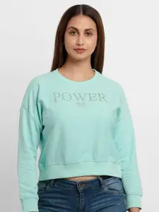 Status Quo Women Sea Green Printed Sweatshirt