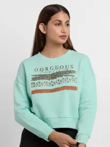 Status Quo Women Sea Green Printed Sweatshirt
