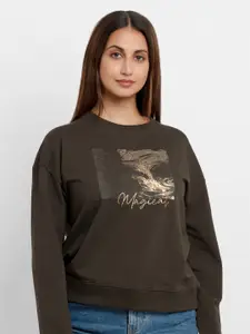 Status Quo Women Olive Green Printed Sweatshirt