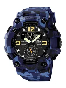 V2A Men Blue Patterned Dial & Blue Textured Straps Analogue and Digital Multi Function Watch