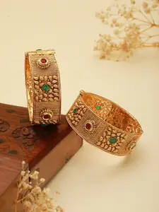 Saraf RS Jewellery Set Of 2 Gold-Plated Red & Green Kundan Studded Bangles