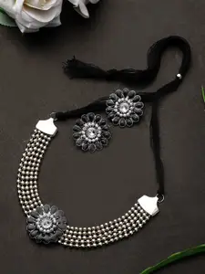 CARDINAL Silver-Toned Black Stone Studded Oxidized Choker Necklace Set