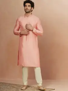 Manyavar Men Peach-Coloured Solid Art Silk Kurta with Churidar